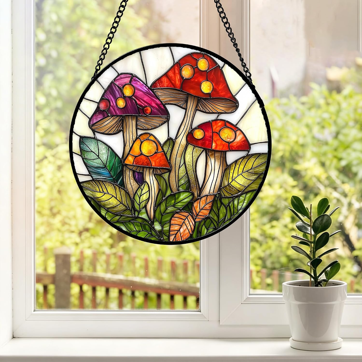 Thumbnail 4 de DASTOLL Mushroom Leaves Window Suncatcher, 6.3-Inch Red and White Glass Decor