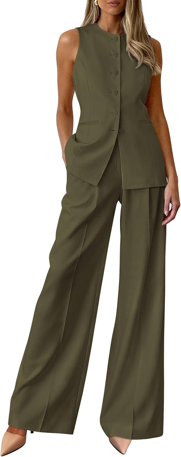 Detalle de PRETTYGARDEN Women's 2 Piece Sleeveless Blazer Vest & Pants Set