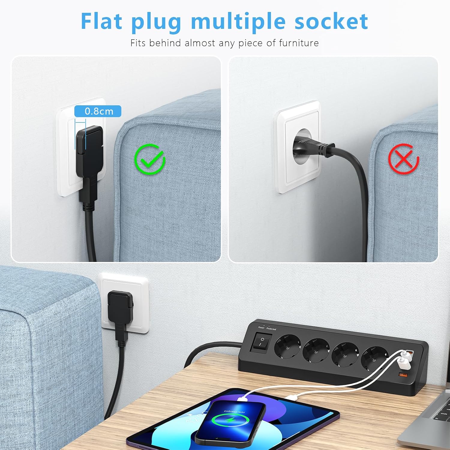 Thumbnail 1 de Sudeery 8in1 Ecksteckdosenleiste mit Flachstecker und USB-C PD 20W – 4 Fach, 2 USB-C, 2 USB-A, 2 m Kabel