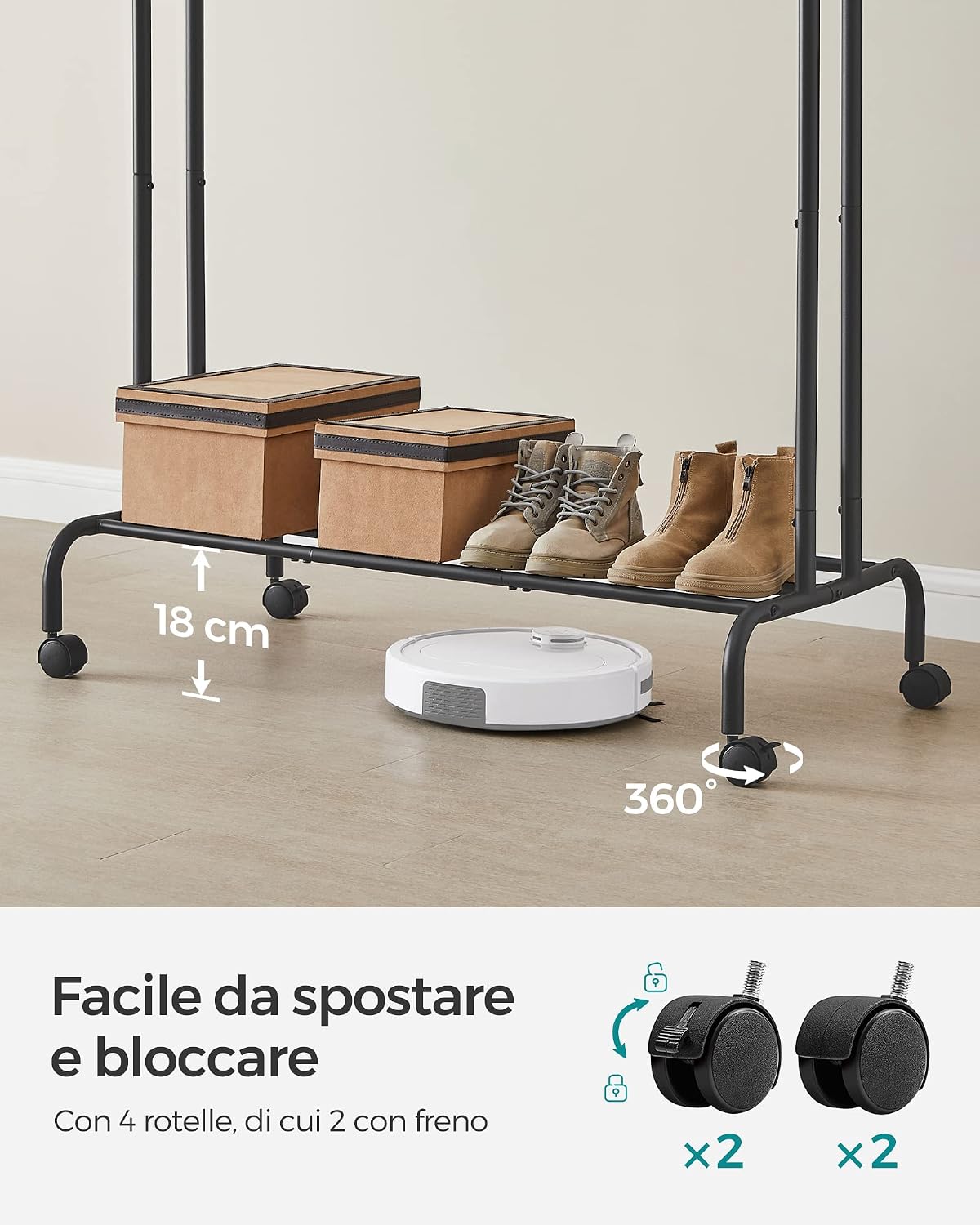 Detalle de SONGMICS Stand Appendiabiti Doppio HSR107B01 con ruote, doppia barra e struttura in acciaio (fino a 100 kg)