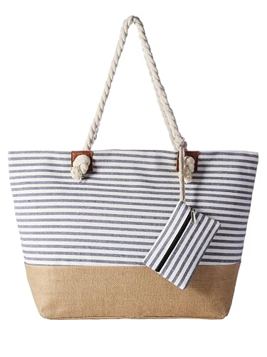 Detalle de DonDon Bolso de playa grande impermeable con cremallera — Rayas azul oscuro