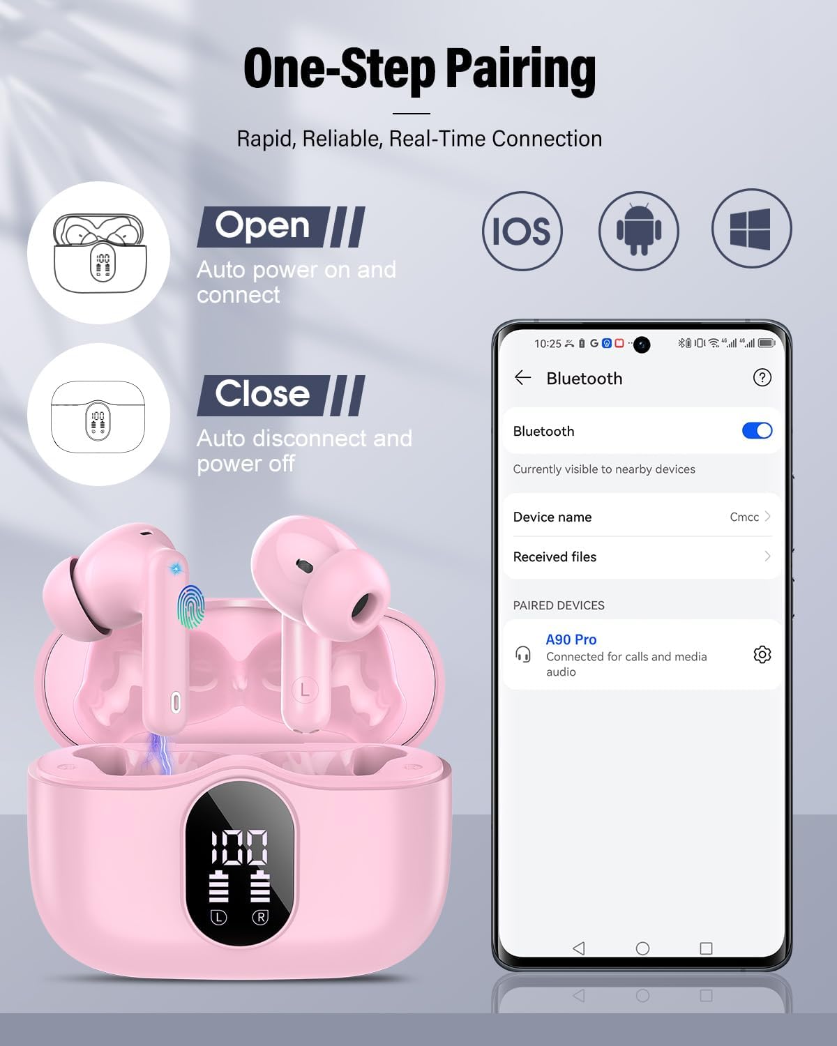Thumbnail 4 de Wireless Earbuds with Bluetooth 5.4 — Bass-Driven Stereo, ENC Noise Cancellation, IP7 Waterproof in Pink