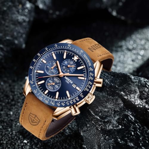 Thumbnail 5 de NIBOSI Reloj de hombre analógico cronógrafo 45 mm — oro rosa/plata, resistencia 3 ATM, cuero cosido a mano