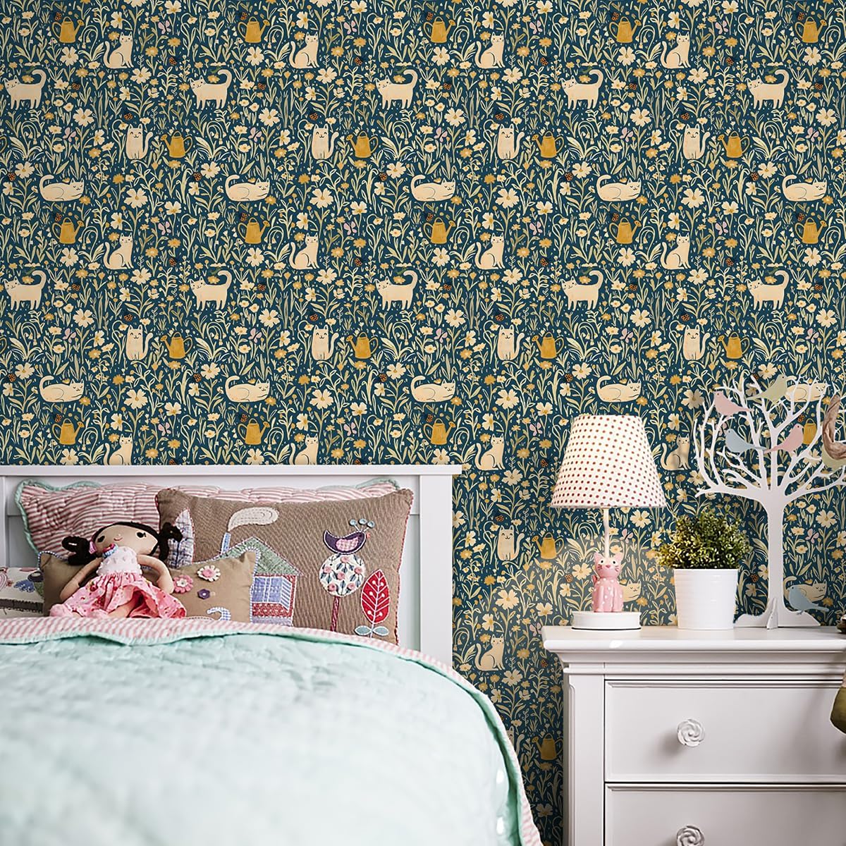 Detalle 1 de CiCiwind zelfklevend behang 41 × 300 cm, blauw vinyl met katten en bloemen