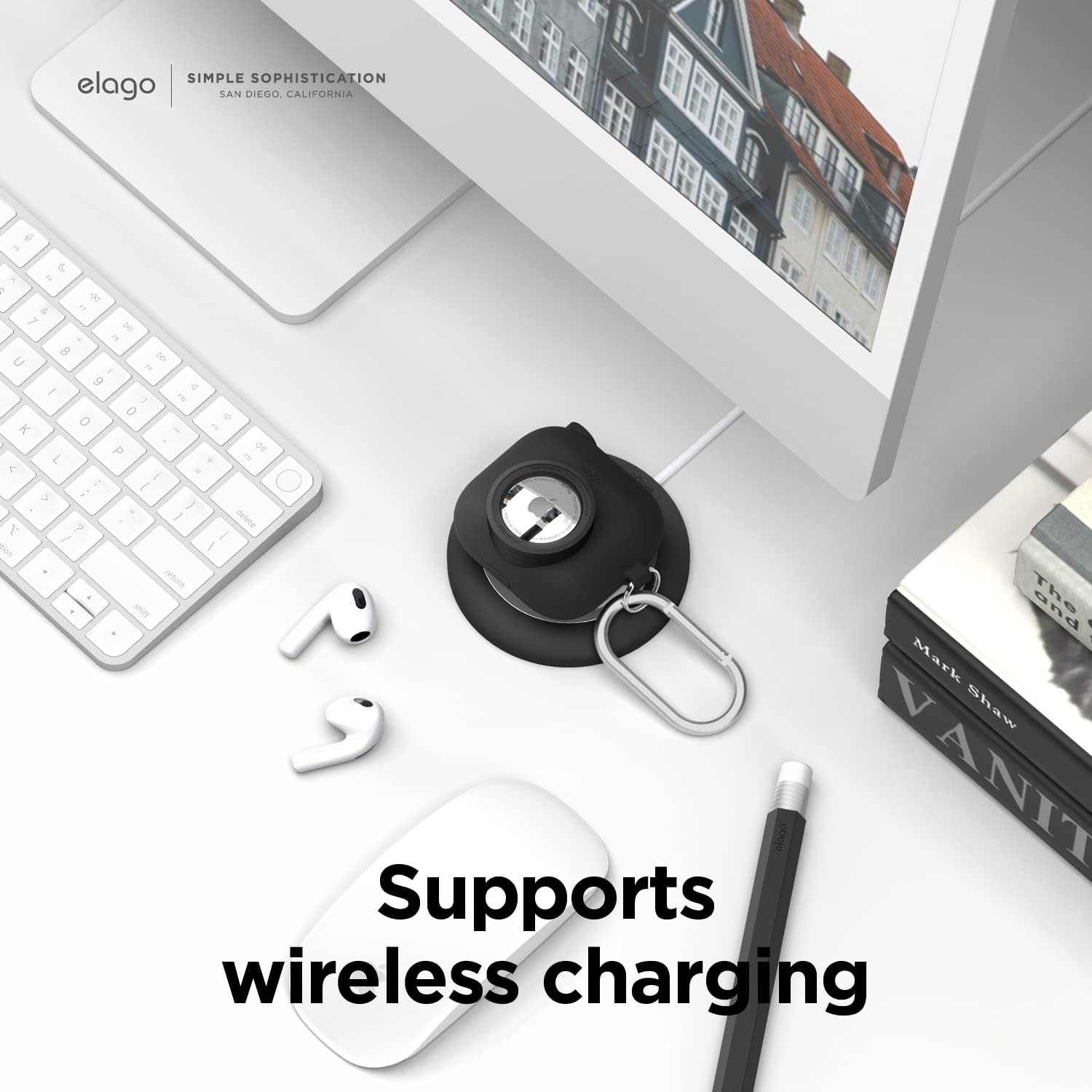 Detalle de elago Coque instantanée pour AirPods 3 avec emplacement AirTag et porte-clés (design classique appareil photo) – Noir