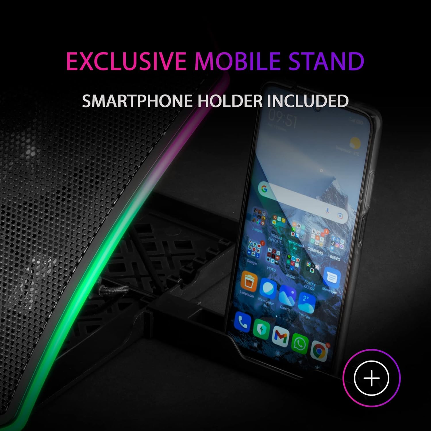 Thumbnail 5 de Mars Gaming MNBC6: base di raffreddamento + supporto XL 19” con ARGB, 3 ventole e holder per smartphone