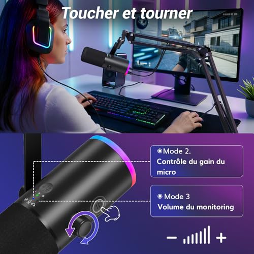 Detalle de TONOR TD510 AIR H+ Micro Gaming Dynamique pour PC — Microphone Cardioïde USB/XLR avec Bras, RGB et Annulation IA