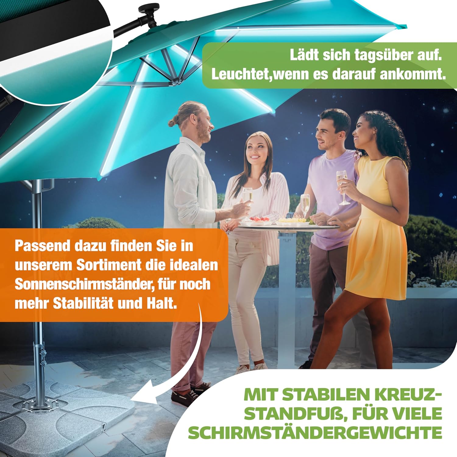 Detalle 2 de KESSER Alu Ampelschirm LED Solar inkl. Abdeckung, Fernbedienung & Kurbelschirm – 360°-Funktion, wasserabweisend