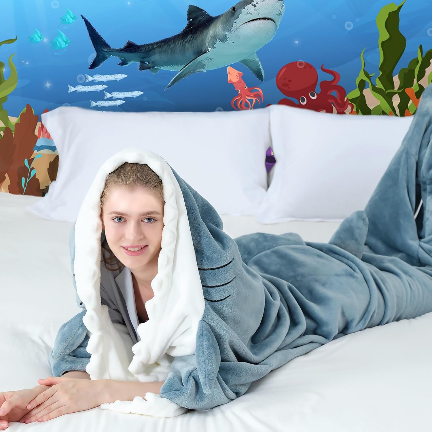 Thumbnail 1 de QUSLLIS Shark Blanket - Couverture de Requin en Flanelle Douce avec Capuche