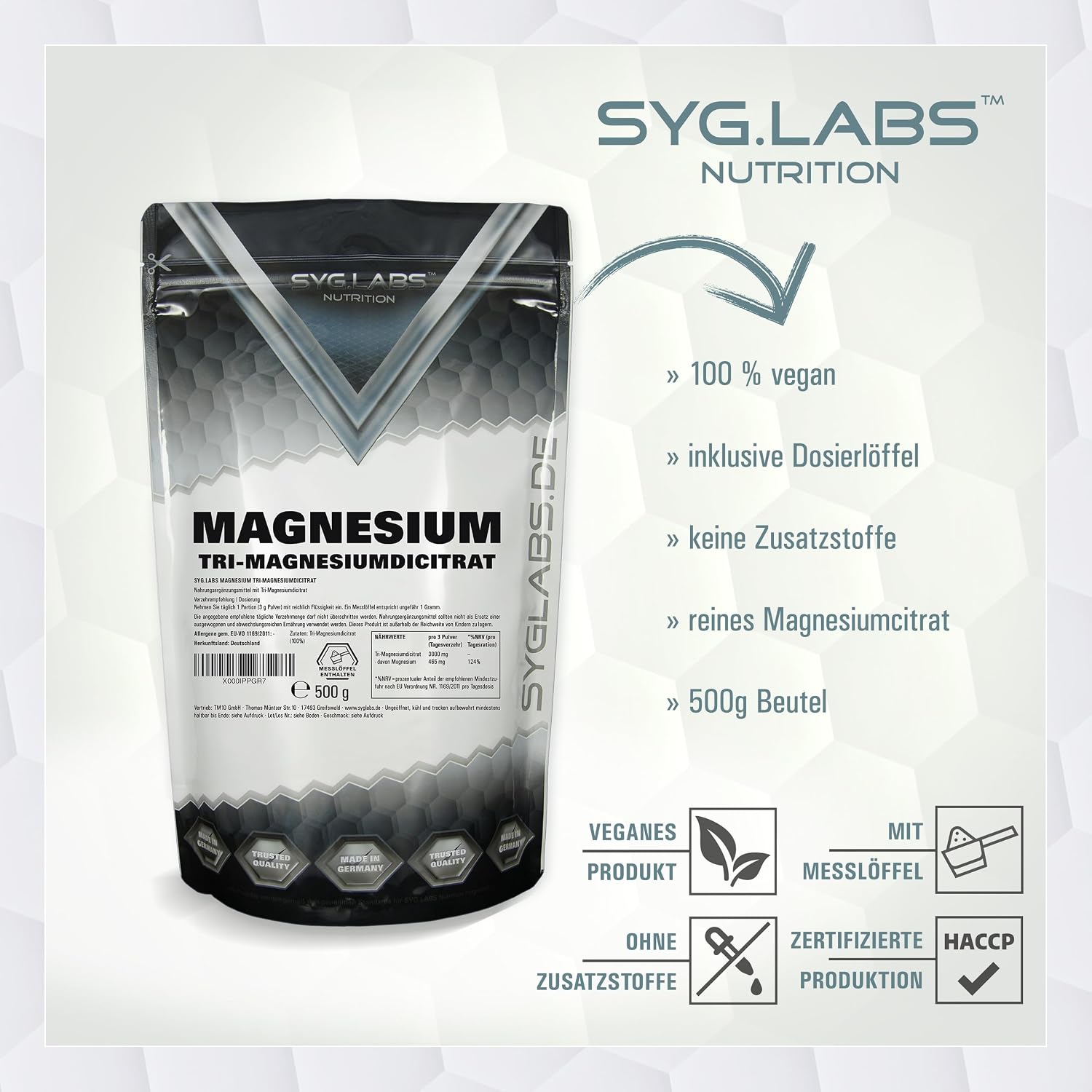 Detalle de Syglabs Magnesium Citrat Pulver (Trimagnesiumdicitrat), 500 g – vegan und ohne Füll- oder Zusatzstoffe