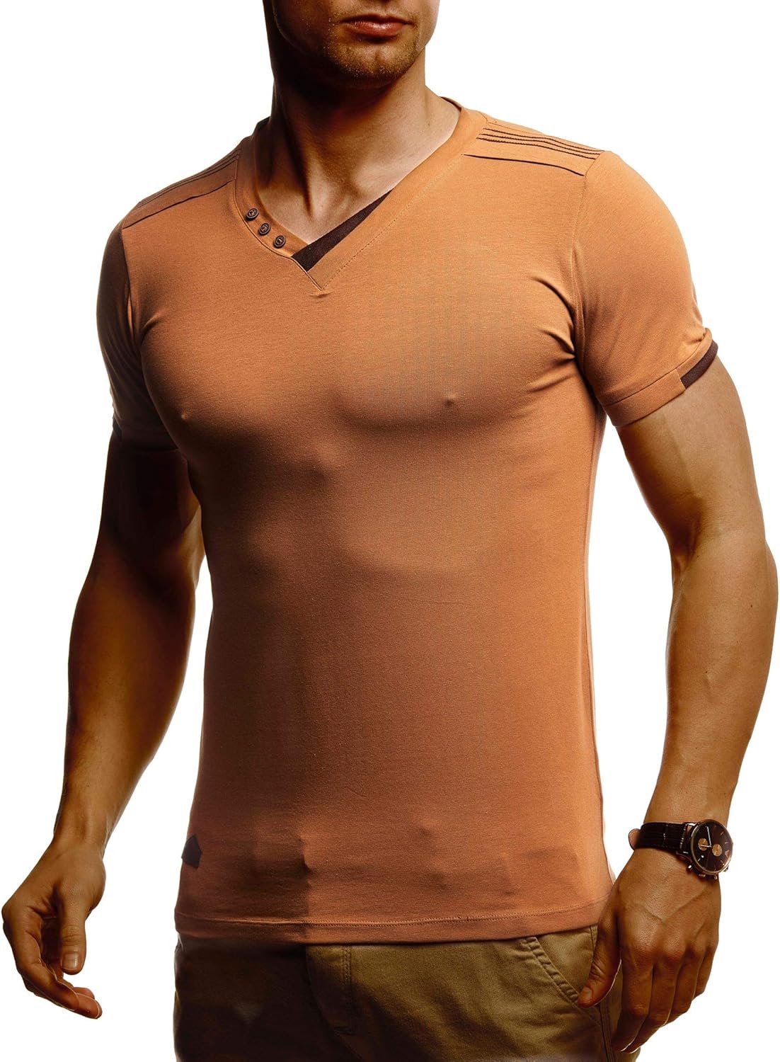 Detalle de Leif Nelson LN1355 : T-shirt à manches courtes et col en V pour homme, coupe ajustée