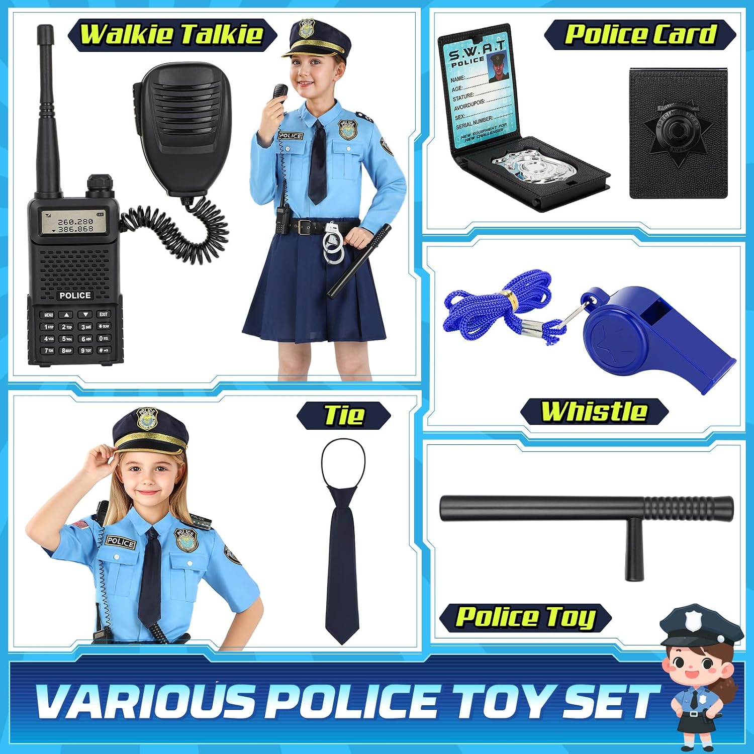Detalle de Loscola Police Officer Costume for Girls, Medium (5-7 Years), 13-Piece Set