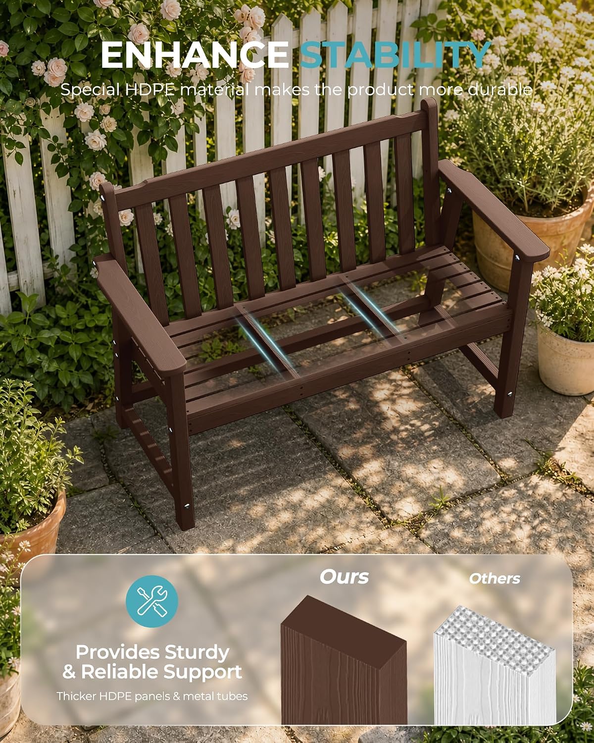 Detalle de Ciokea 48" Outdoor Bench, Brown HDPE Two-Seater with 550-Lb Capacity
