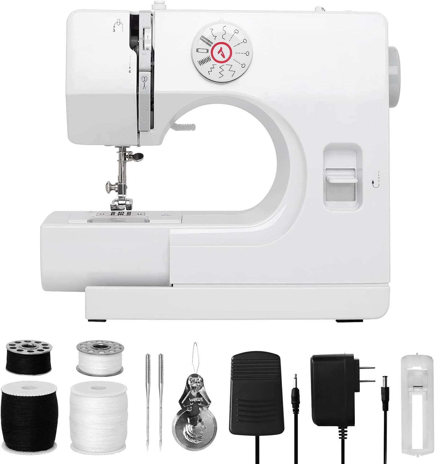 Detalle de WENMILY FHSM-505 naaimachine met 12 steken, dubbele draad en 2 snelheden