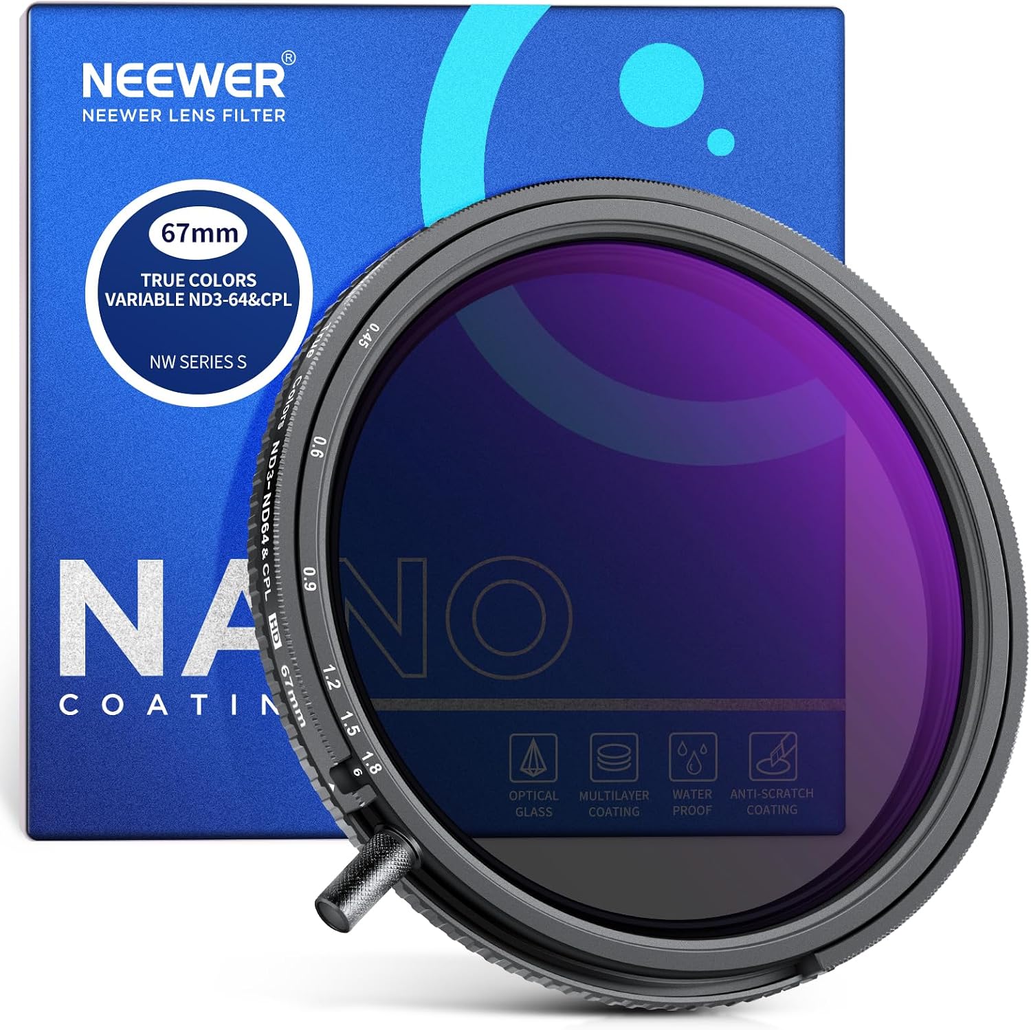 Detalle de NEEWER filtro True Color 2in1 da 67 mm CPL e ND variabile limitato (ND3-64, 1,5-6 stop)