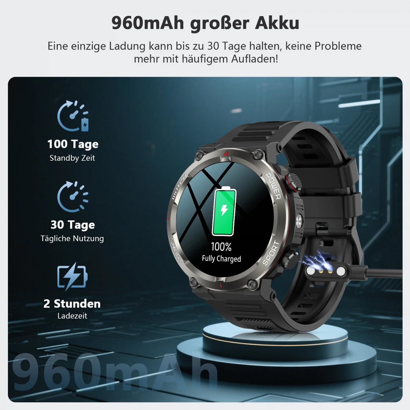 Thumbnail 2 de Montre connectée Homme Bluetooth, IP68, 30 jours d’autonomie – Noir