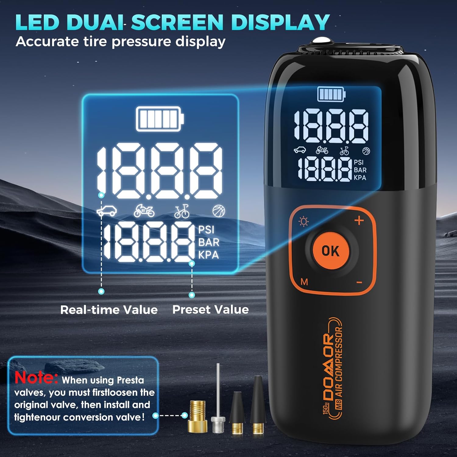 Detalle 2 de DOMOR Cordless Tyre Inflator – 150 PSI portable electric bike pump with LCD gauge