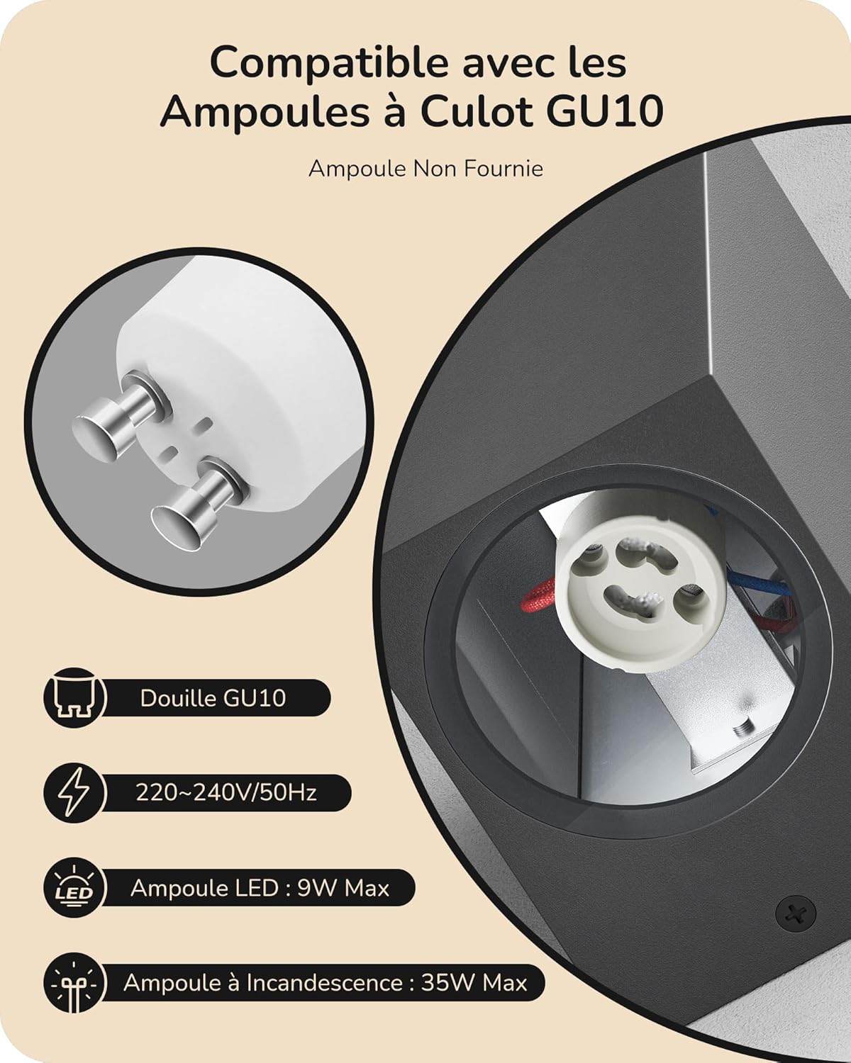 Detalle de EDISHINE Applique Murale Extérieure IP44 — Gris Foncé, GU10, 15 x 6,5 x 9,2 cm