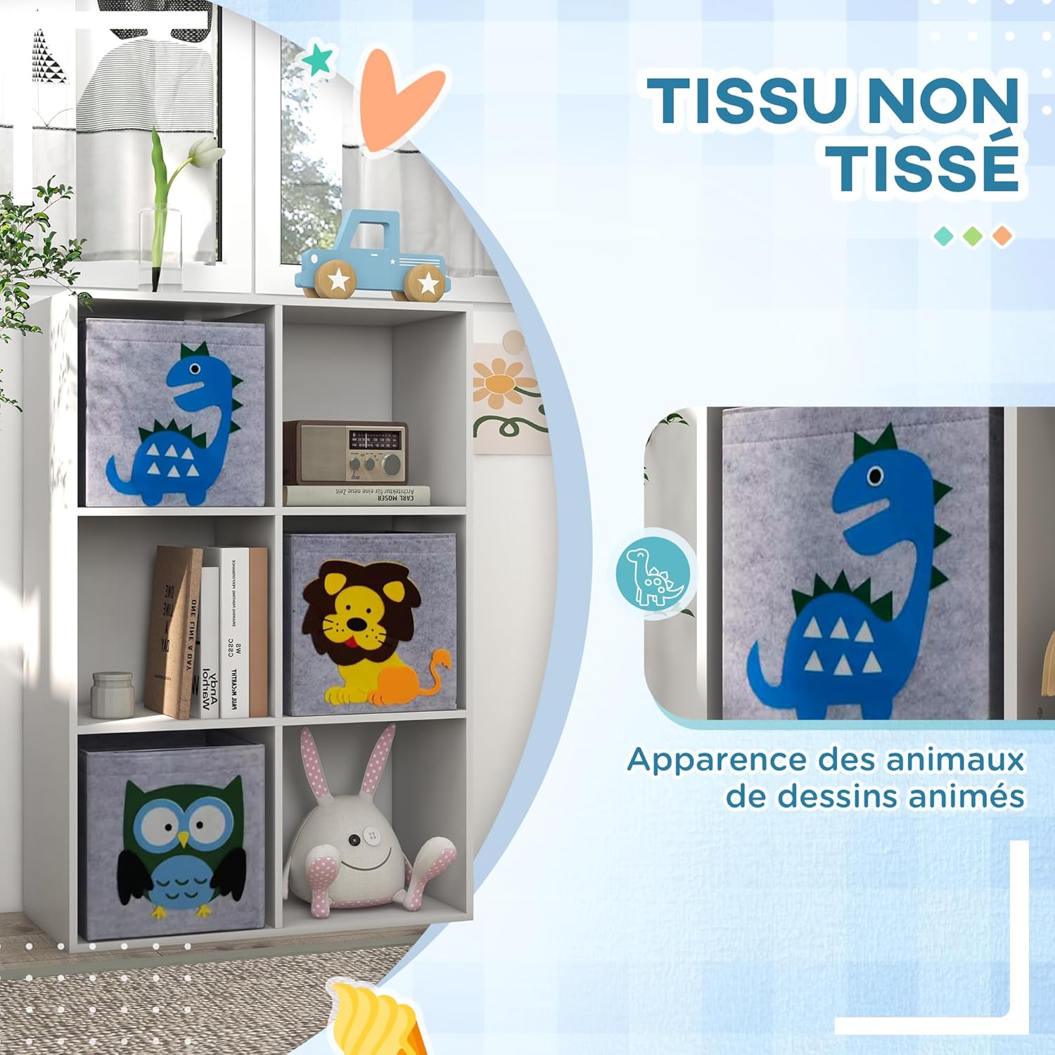 Detalle de ZONEKIZ Meuble de Rangement pour Enfant – Bibliothèque à 6 compartiments avec cubes en tissu motif animaux
