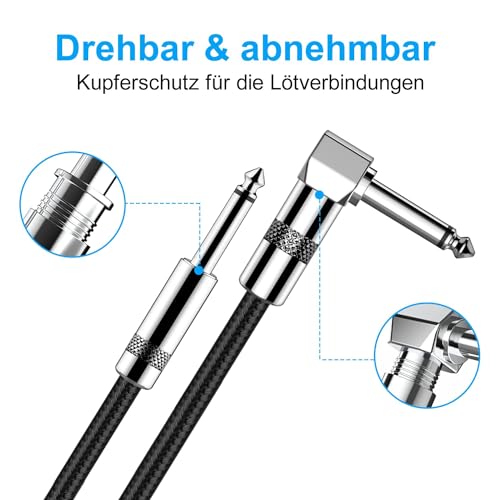 Detalle de New Bee Instrumentenkabel 3 m – 1/4'' Klinke, Gerade und Winkel, für Gitarre, Bass, Keyboard, Pro Audio