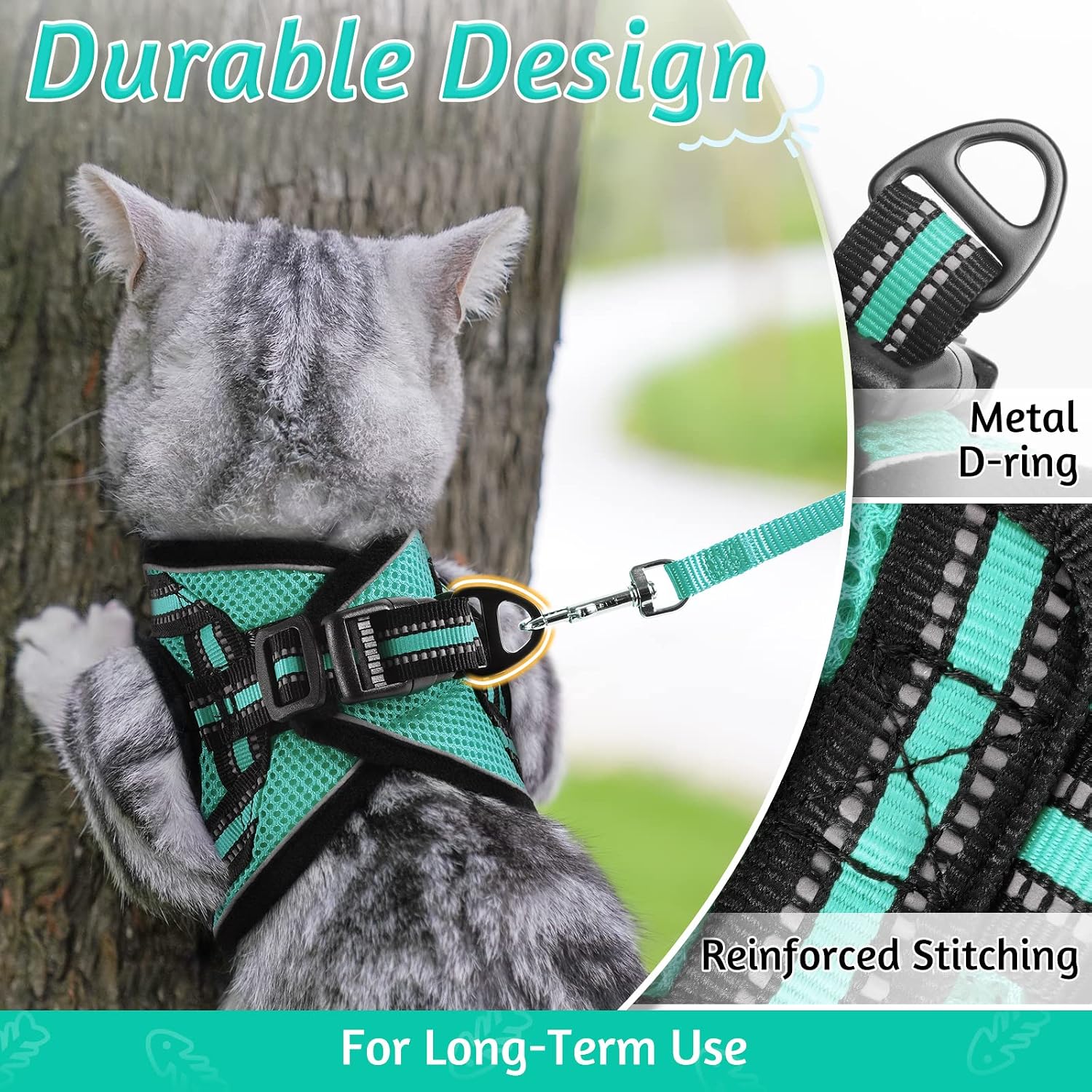 Detalle de rabbitgoo Cat Harness and Leash Set (Escape Proof, Reflective Strip) – Adjustable Soft Vest Harness, Green, Size M