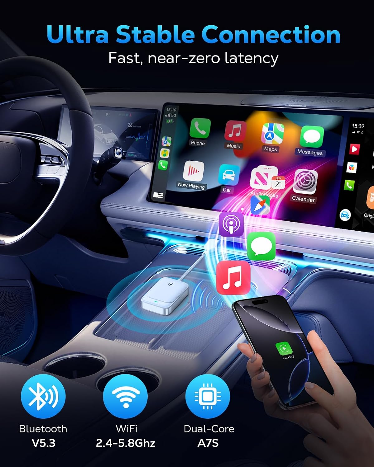 Detalle 2 de MoKo CarPlay Wireless Adapter – kabelloses CarPlay für iPhone, 5,8 GHz WiFi, Bluetooth 5.3, Plug&Play