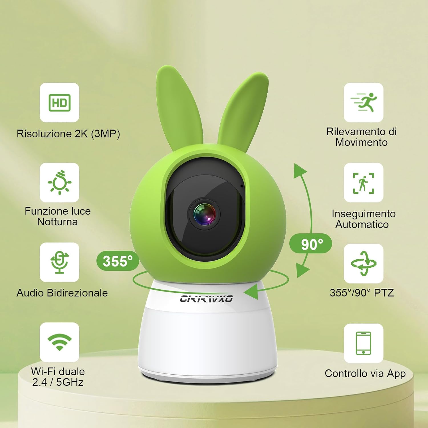 Thumbnail 1 de CiKiKWXO CiKiKWXO Telecamera WiFi interna 2K 2.4/5 GHz con PTZ 355°/90°, baby monitor e visione notturna