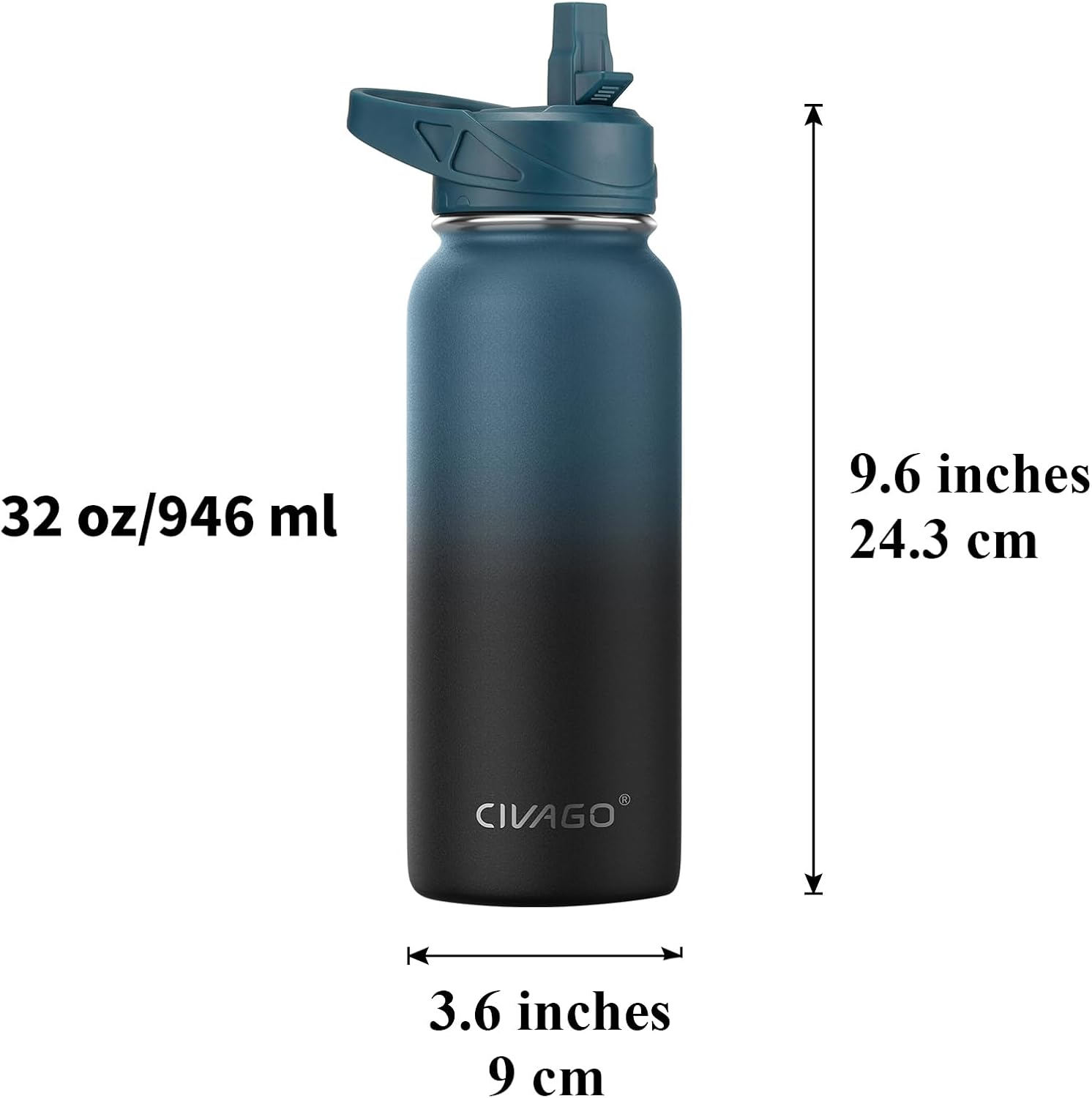 Thumbnail 3 de CIVAGO 32 oz Insulated Water Bottle with Straw — Stainless Steel, 3Lids, Wide Mouth
