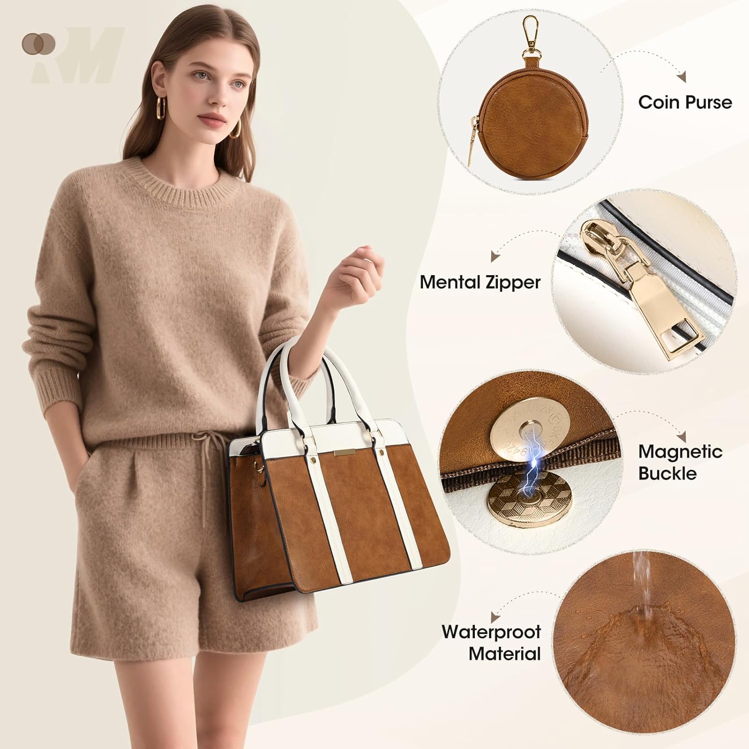 Thumbnail 5 de RAINSMORE 3-Piece Handbag Set for Women (Tote, Crossbody & Coin Purse) with PU Leather Top Handle and Shoulder Strap