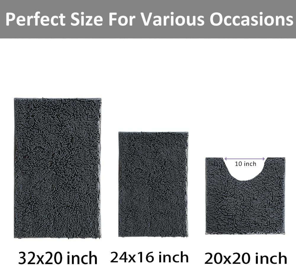 Thumbnail 2 de 3-Piece Chenille Bathroom Rug Set with Non-Slip PVC Backing (Small U-Shape + Large Mats)