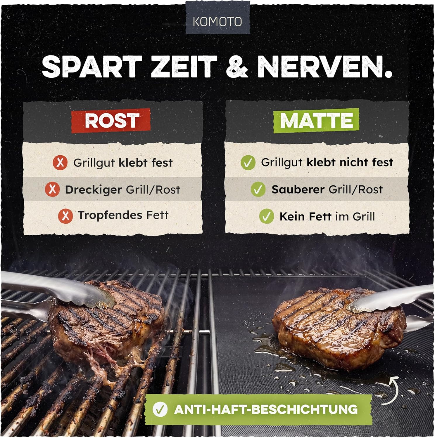 Detalle de KOMOTO BBQ Grillmatte (6er Set) 50 x 40 cm, extra dick – für Gas- und Holzkohlegrill