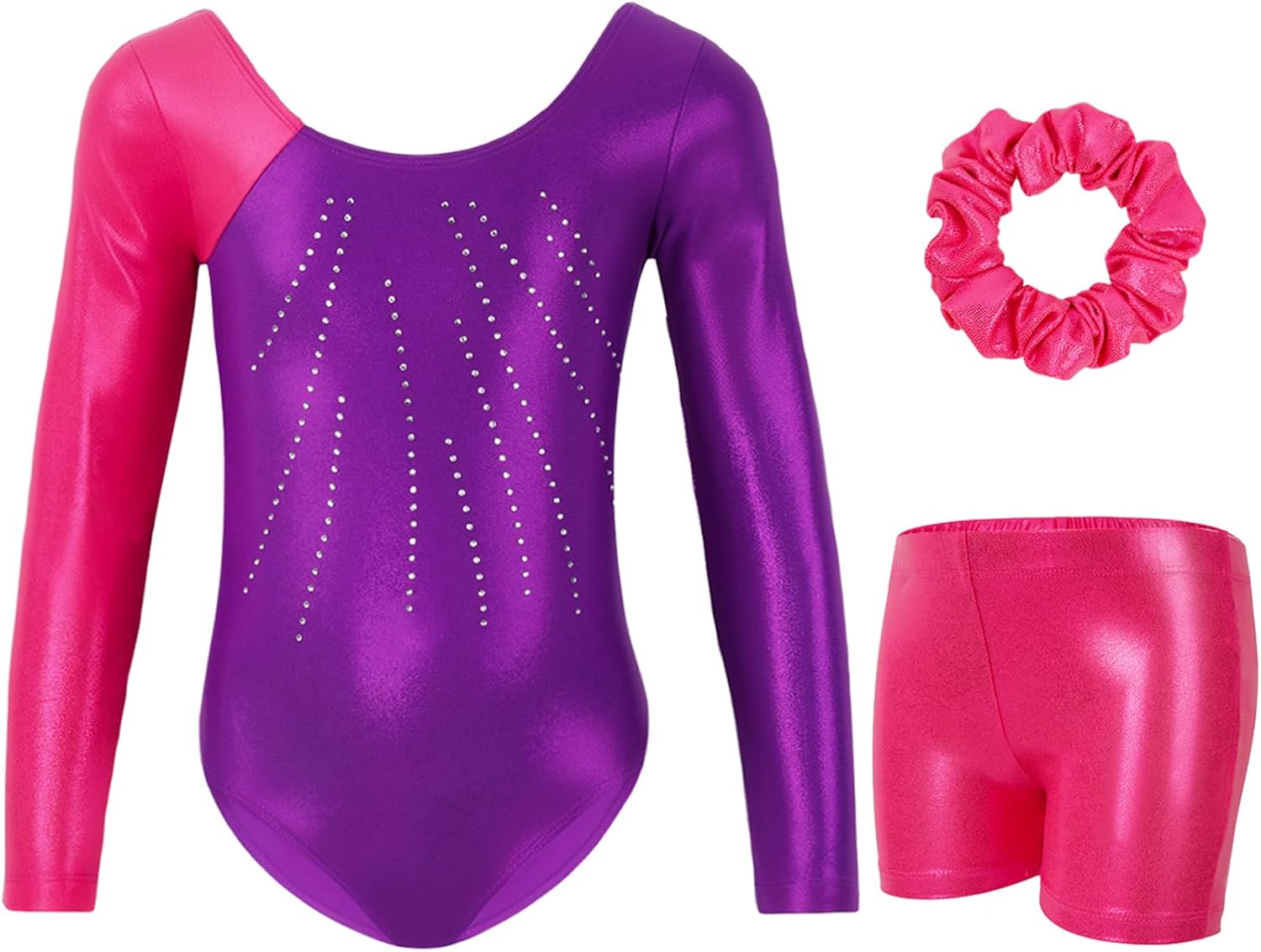 Thumbnail 6 de Gogokids Girls Three-Piece Gymnastics Leotards Set (Long Sleeve, Shorts & Hairband) with Gradient Sequin Design