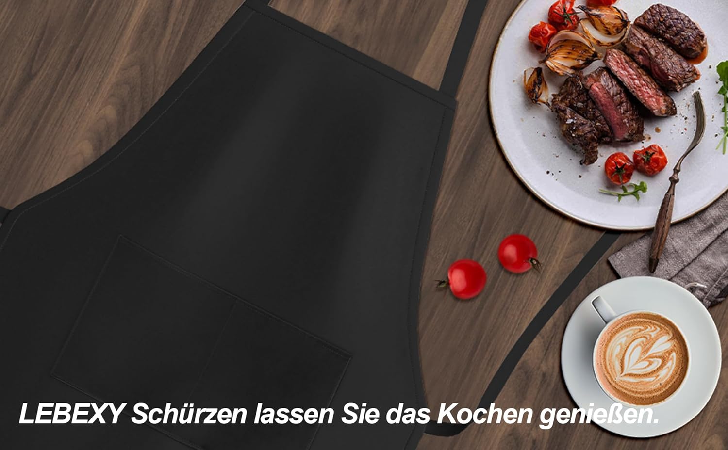 Thumbnail 3 de LEBEXY Kochschürze aus Baumwolle, einfarbig schwarz – mit zwei großen Taschen