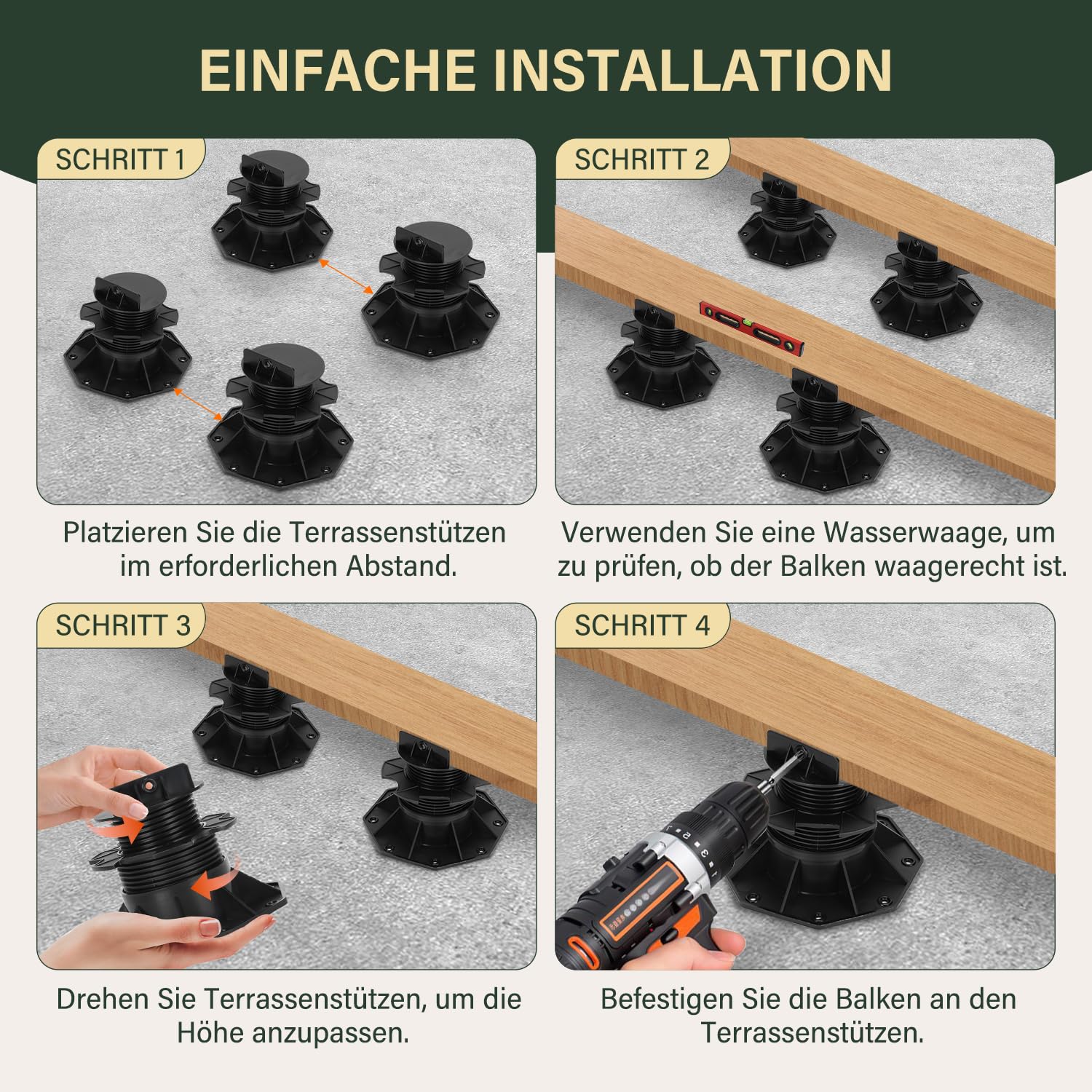 Thumbnail 6 de Gimisgu Stellfuss 10 Stück – höhenverstellbare Stelzlager für Terrassen-Unterkonstruktion (60–140 mm)