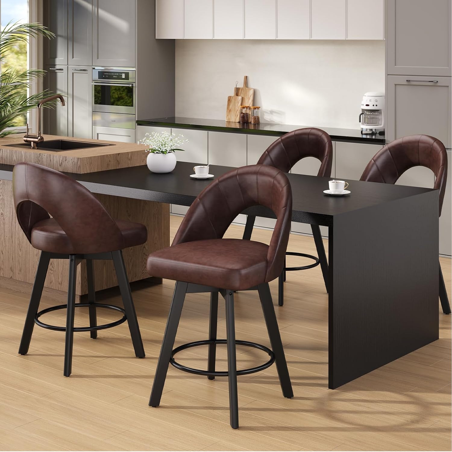 Detalle de YaFiti FW_847 Counter-Height Swivel Bar Stools, Set of 3, Saddle Brown