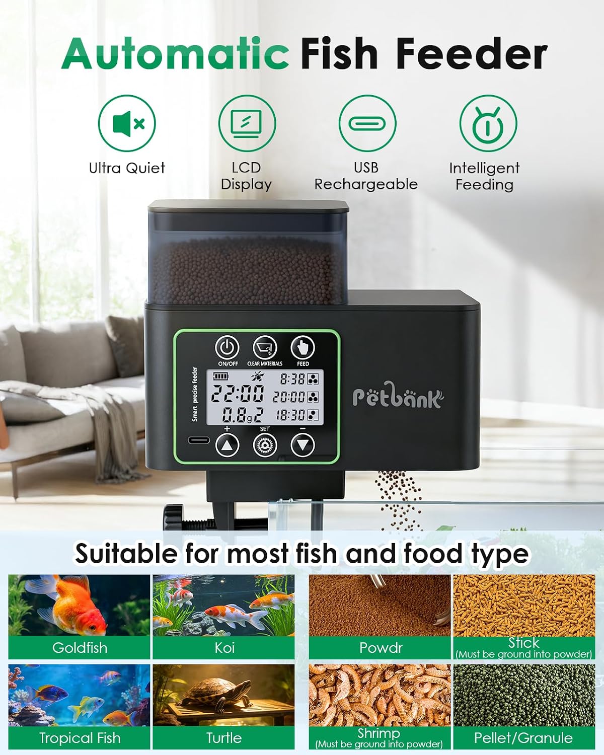 Detalle de Petbank Automatic Fish Feeder for Aquarium (230/510 ml) with Adjustable Timer and Precise Feeding