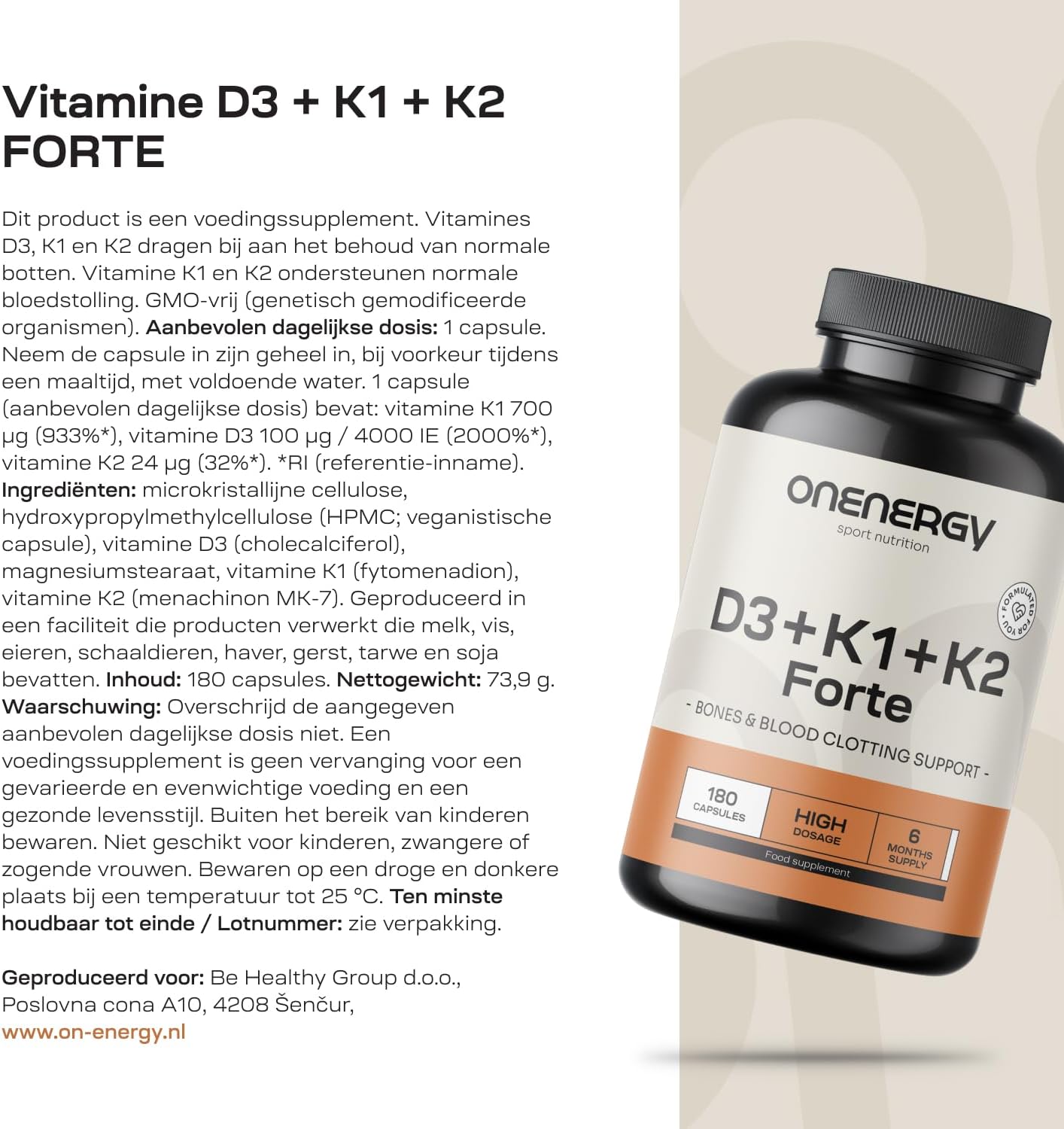 Thumbnail 5 de OnEnergy Vitamines D3 + K1 + K2 FORTE, 180 plantaardige capsules