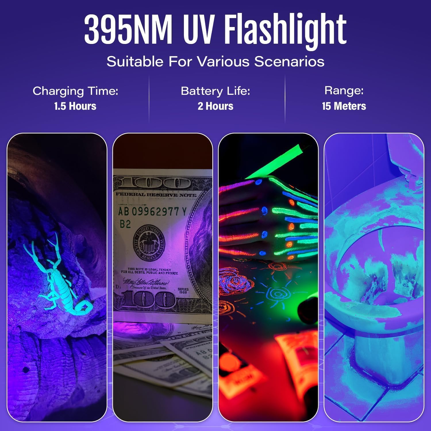 Thumbnail 6 de MOWETOO UV Torch Rechargeable – Mini LED UV Lamp with 395nm Zoomable Beam