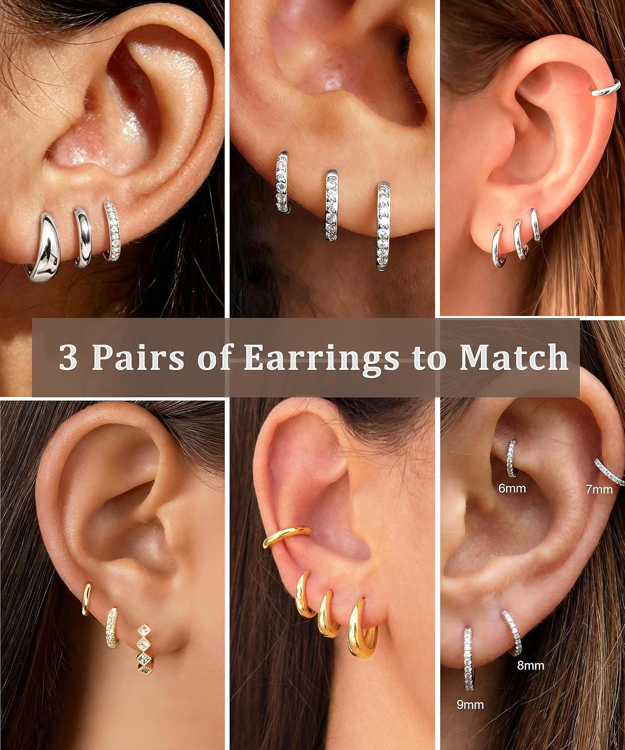 Detalle de AVOTTO 3 Pairs S925 Silver Earrings – Small Huggie Hoop Set