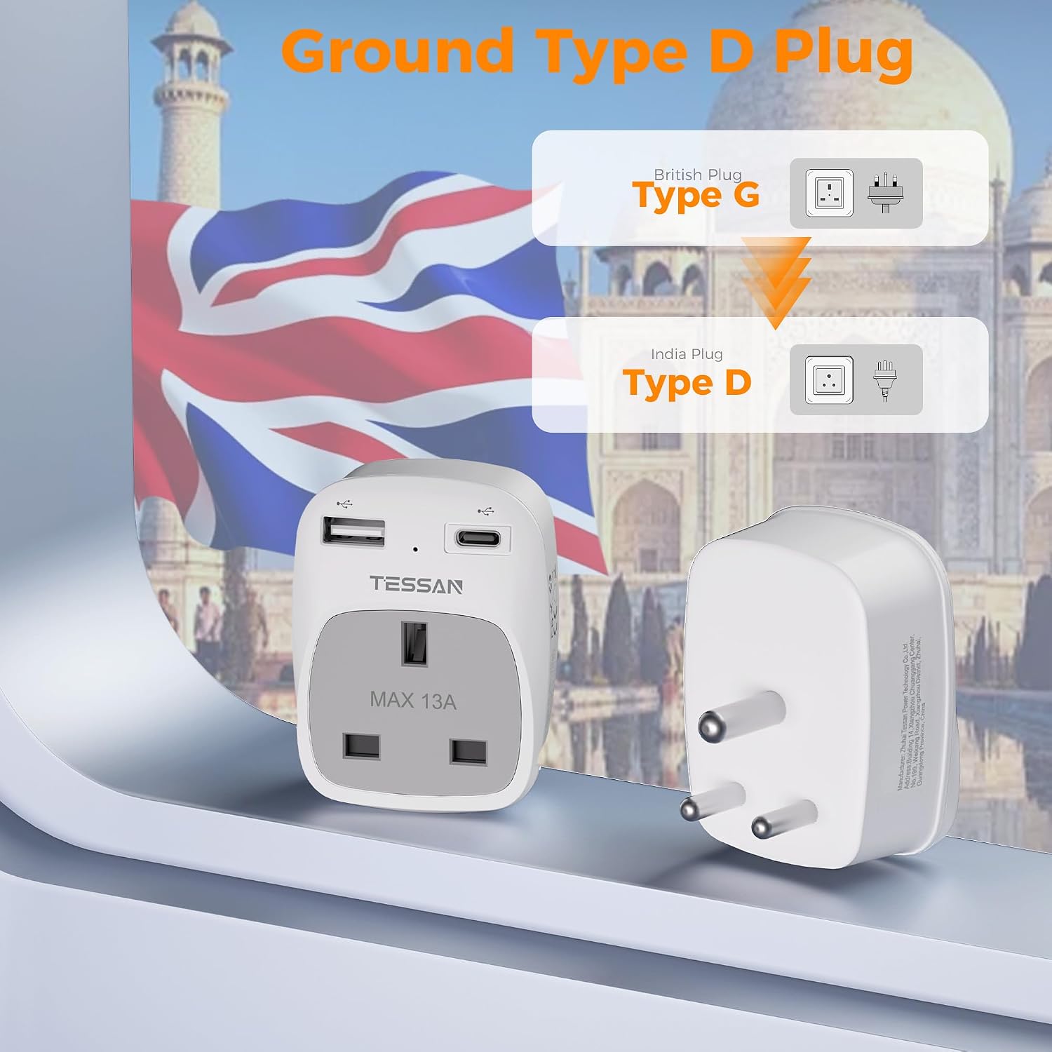 Thumbnail 6 de TESSAN UK to India Plug Adapter 2-pack with USB-A and USB-C 🔌