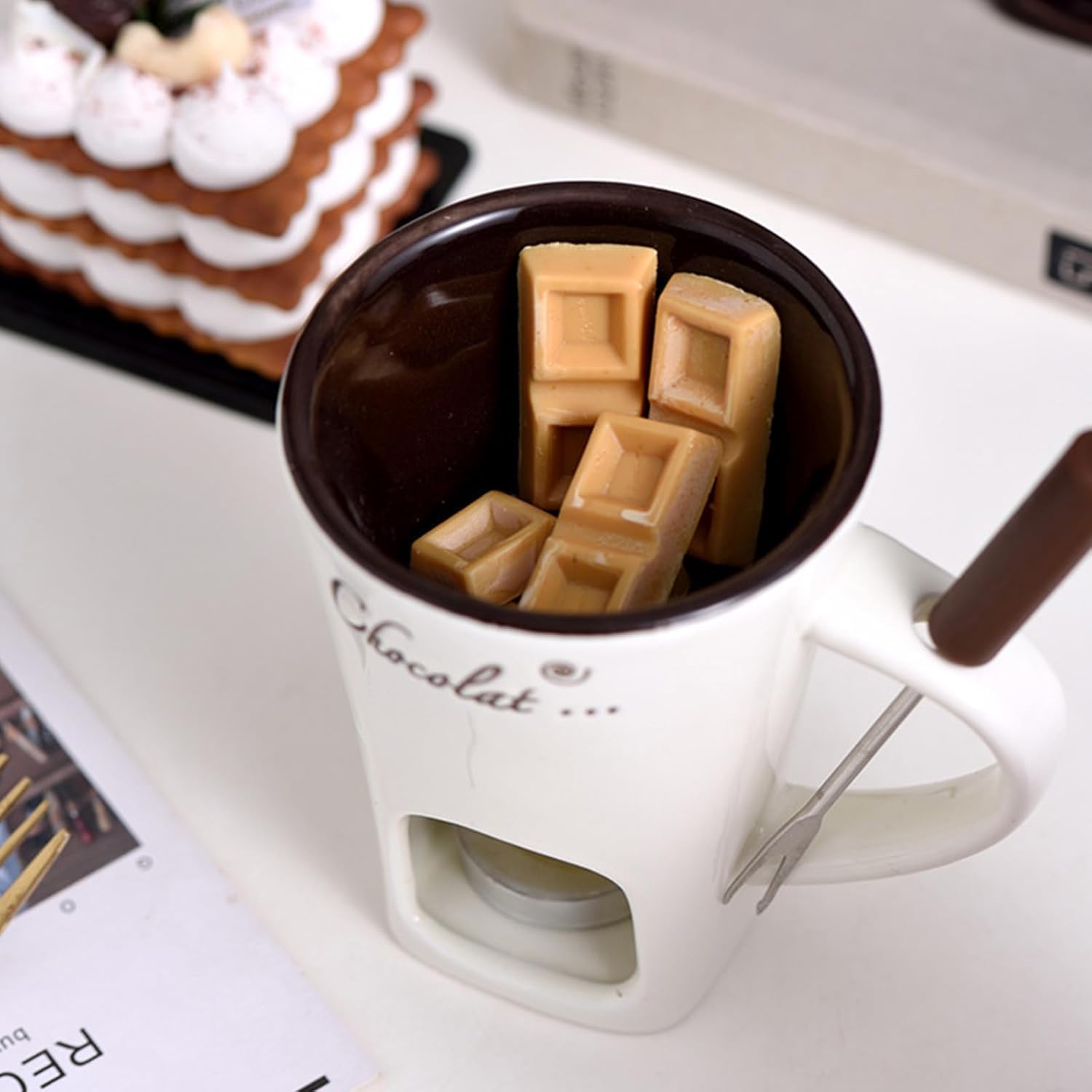 Detalle de Gienslru The Melt Mug Ceramic Tea Light Fondue Set, 130 ml