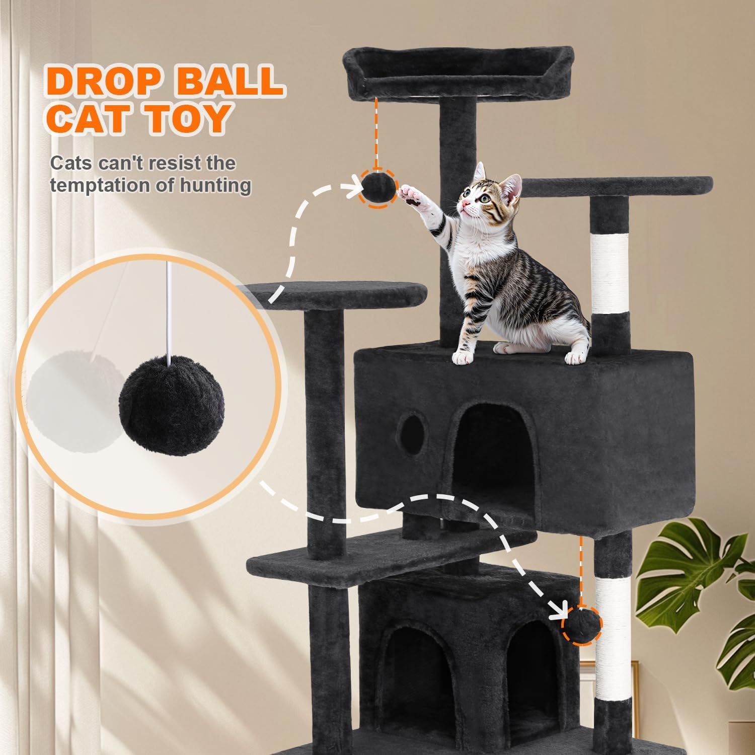 Thumbnail 4 de FDW Cat Tree 54-Inch Tower with 5 Levels, Sisal Posts and Condos