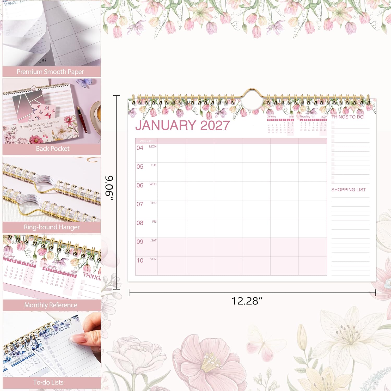 Detalle de Family Calendar 2026-2027: Floral 6-Column Weekly Planner (Aug 2026–Jul 2027)