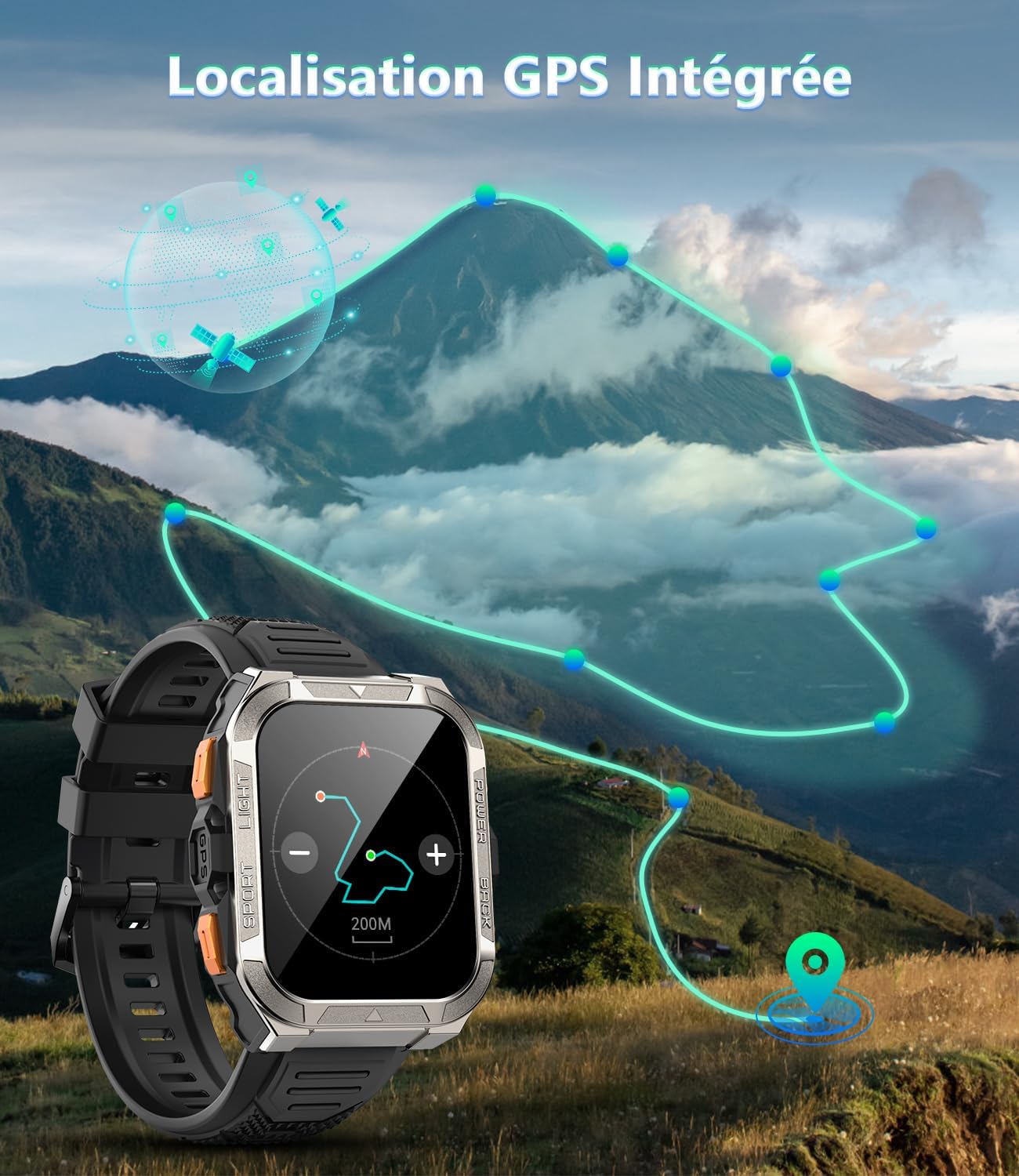 Thumbnail 5 de IOWODO Montre connectée 2026 avec GPS, lampe torche LED et boussole intégrée