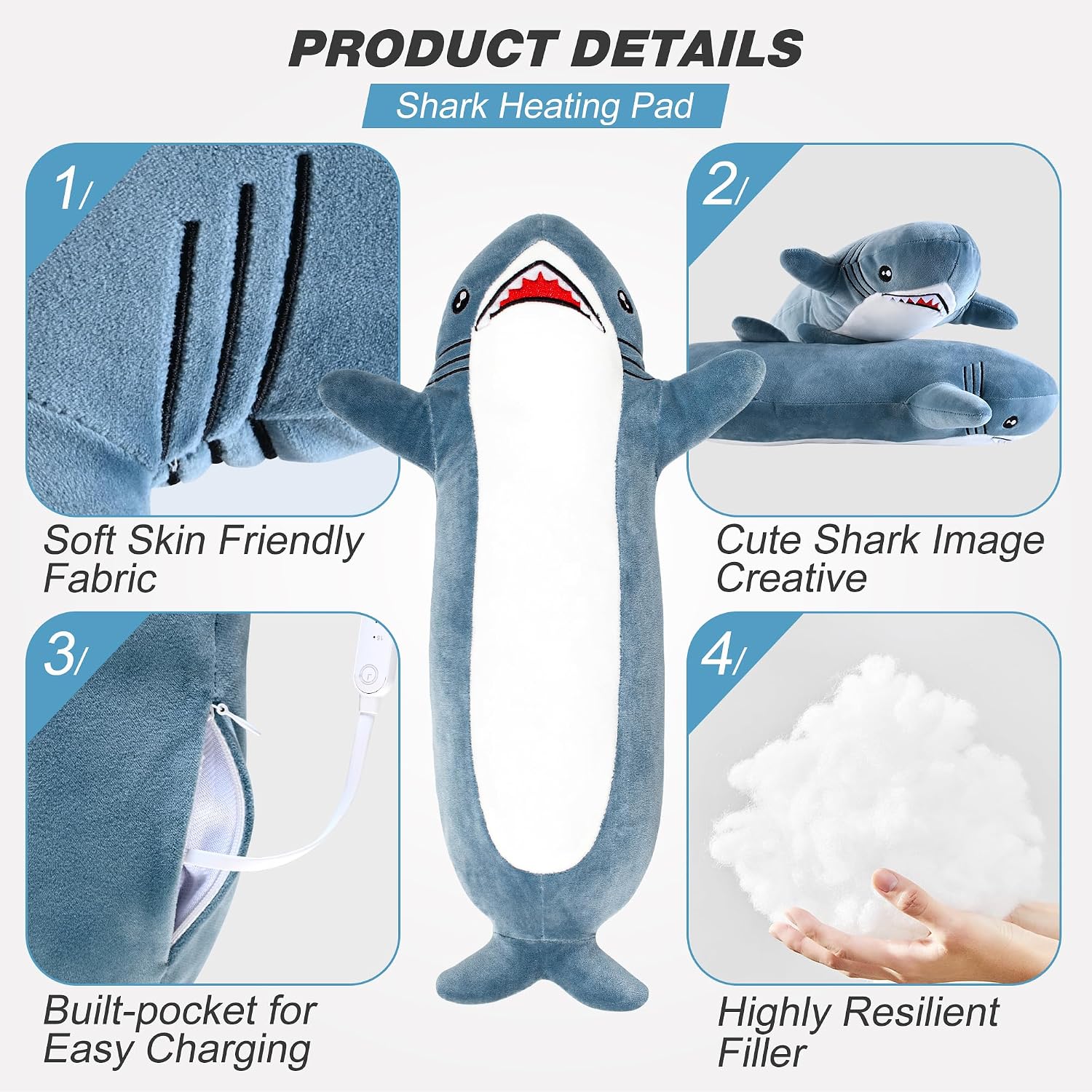 Detalle de HOTHUGZ X10 Shark Plush USB Heating Pad, 3 Heat Levels & Timer