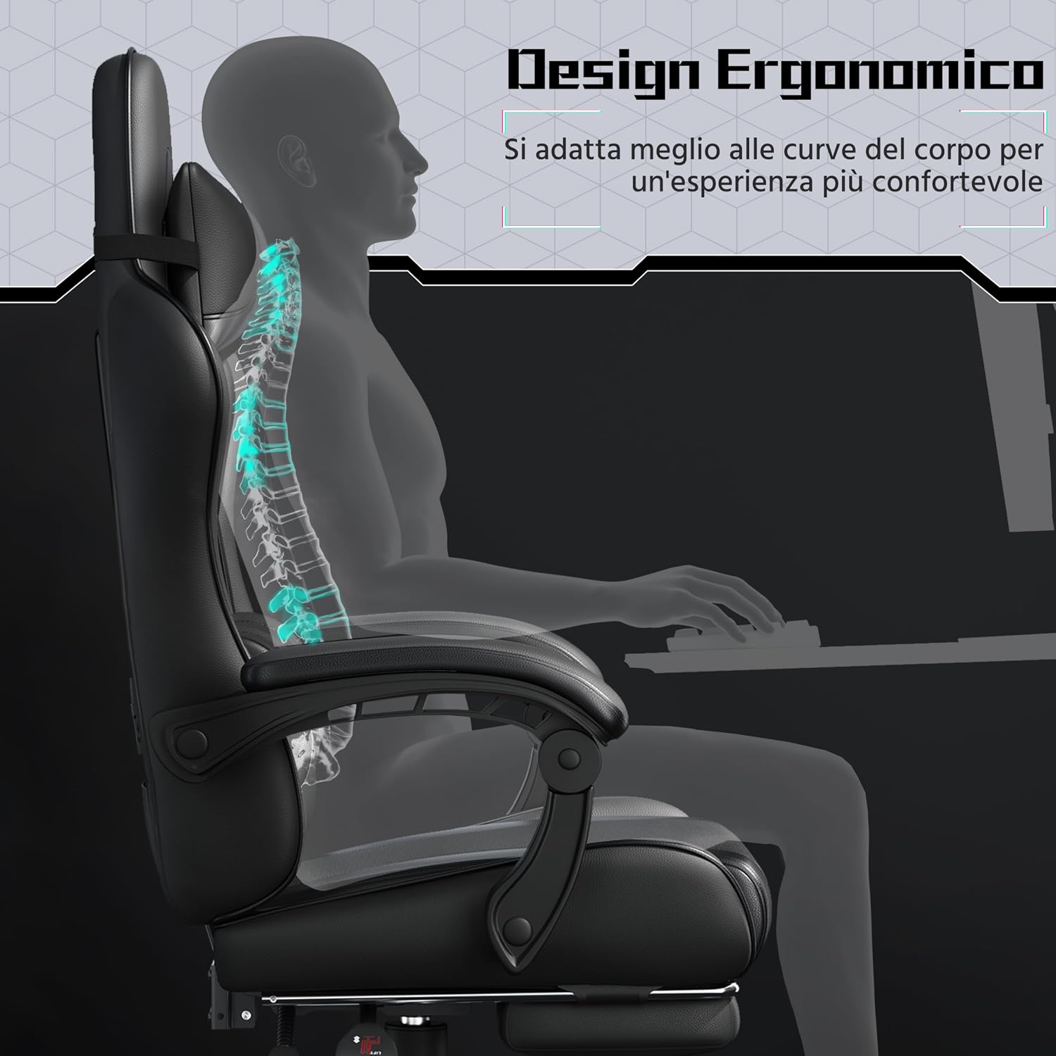 Thumbnail 6 de Yaheetech Sedia Gaming Ergonomica Massaggiante Reclinabile con Poggiapiedi, Poggiatesta e Supporto Lombare — Poltrona da Scrivania Nero