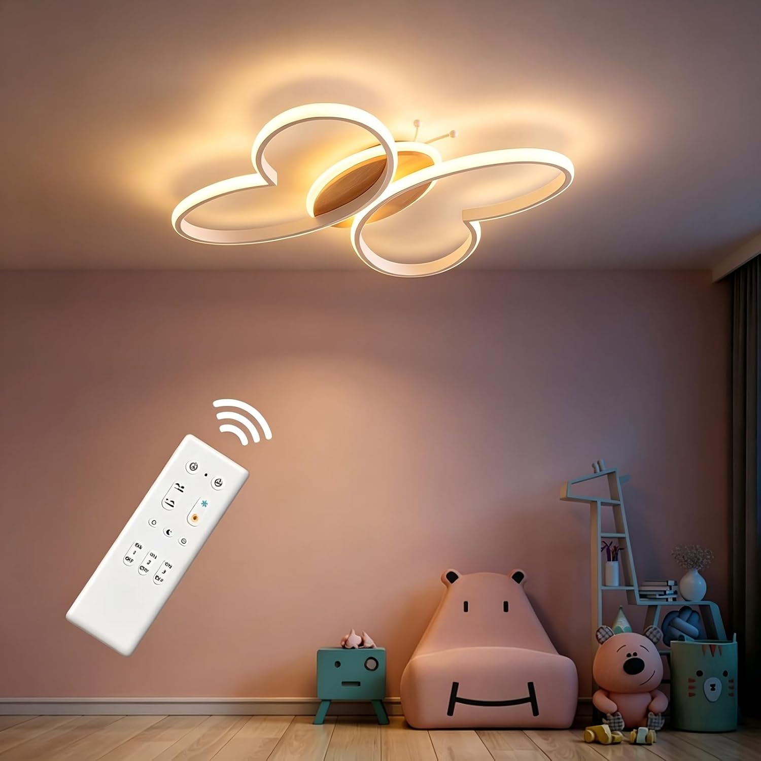 Detalle de Dythwron Lampada da Soffitto a forma di farfalla per Cameretta – LED con telecomando, luce notturna e timer (Bianco, Ø48 cm)