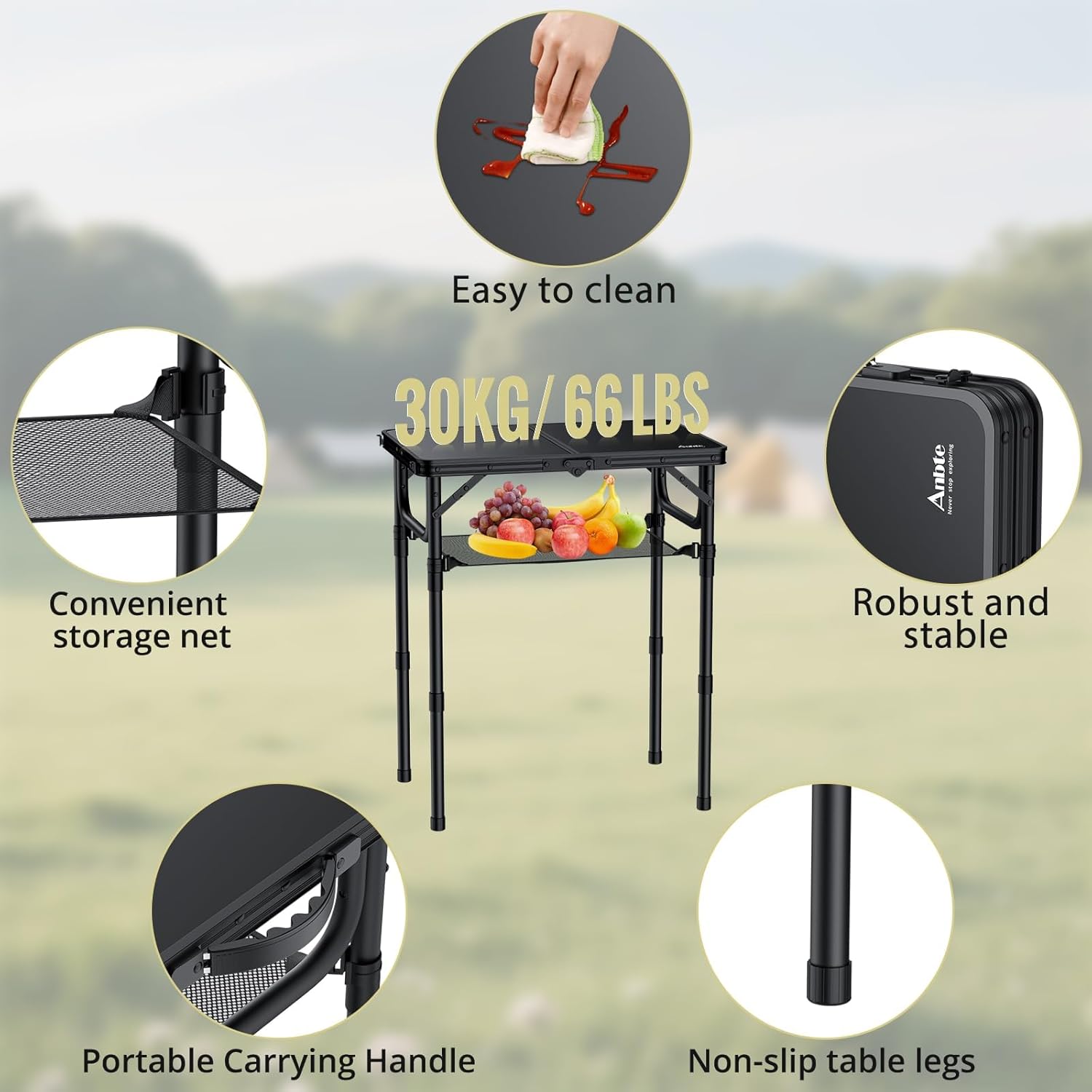 Thumbnail 3 de Anbte Folding Camping Table with Storage Net – 60x40 cm, 3-Height Aluminium Desk