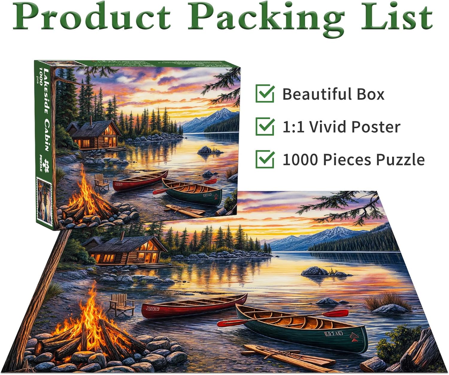 Thumbnail 4 de Lakeside Cobin 1000-Piece Jigsaw Puzzle for Adults: Cozy Campfire and Canoes
