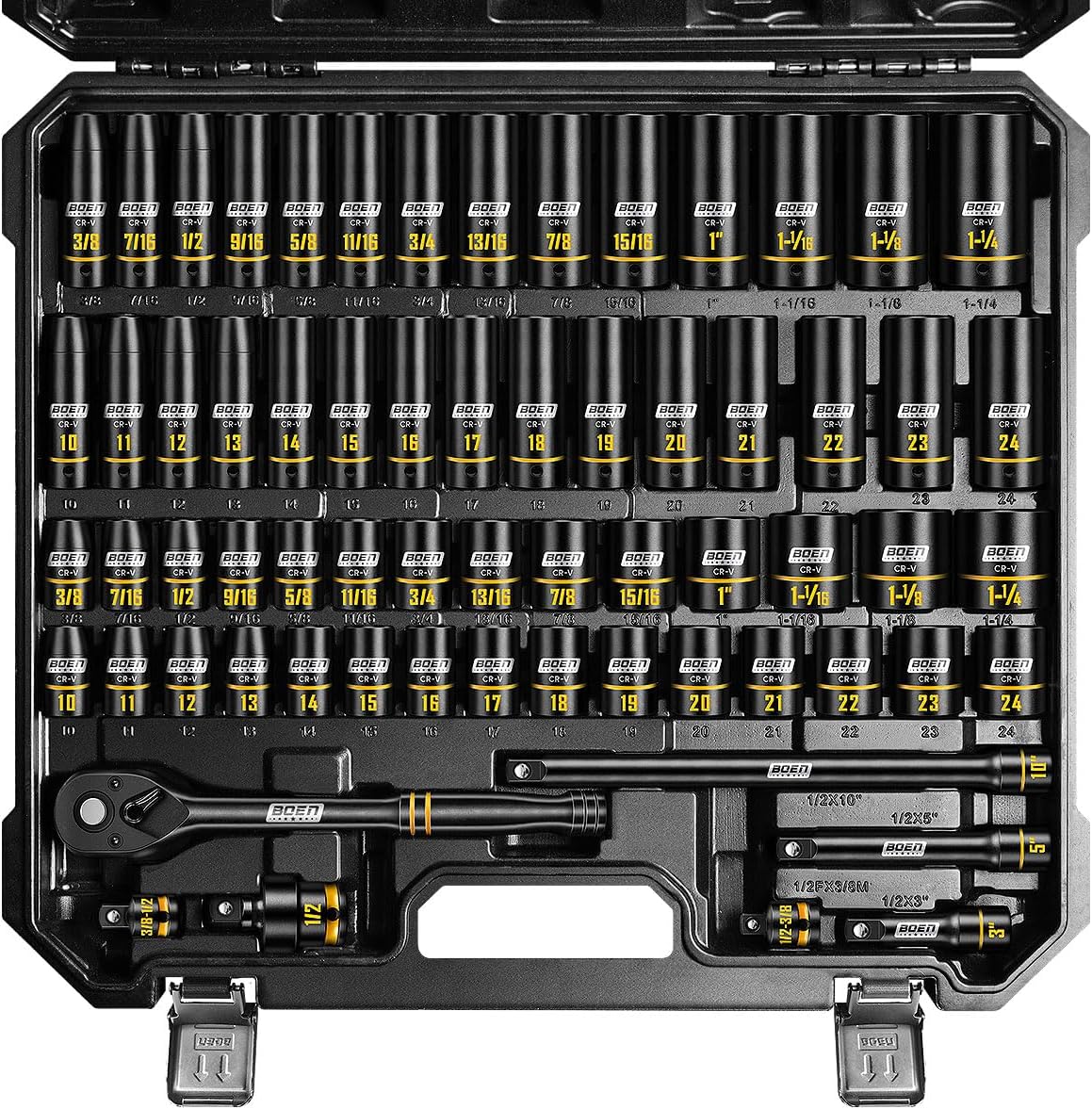 BOEN 1/2-Inch Drive Impact Socket Set (65-Piece) — SAE & Metric Deep/Shallow Cr-V